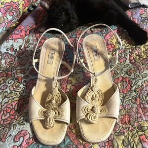 PRADA Vintage Beige Crochet Ankle Strap Open Toe Heeled Sandals Shoes US 7.5